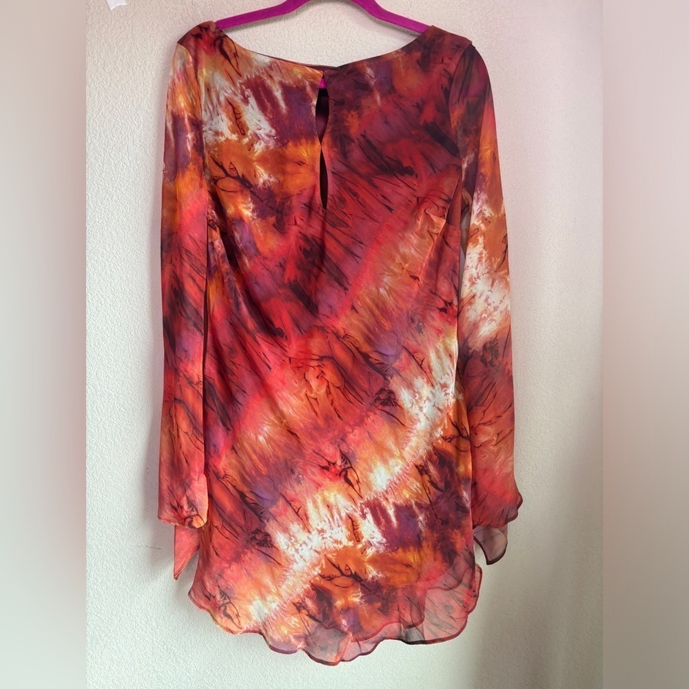 NWT ASOS Designs Orange Watercolor Ombré Flare Sleeve Keyhole Chiffon Dress 12